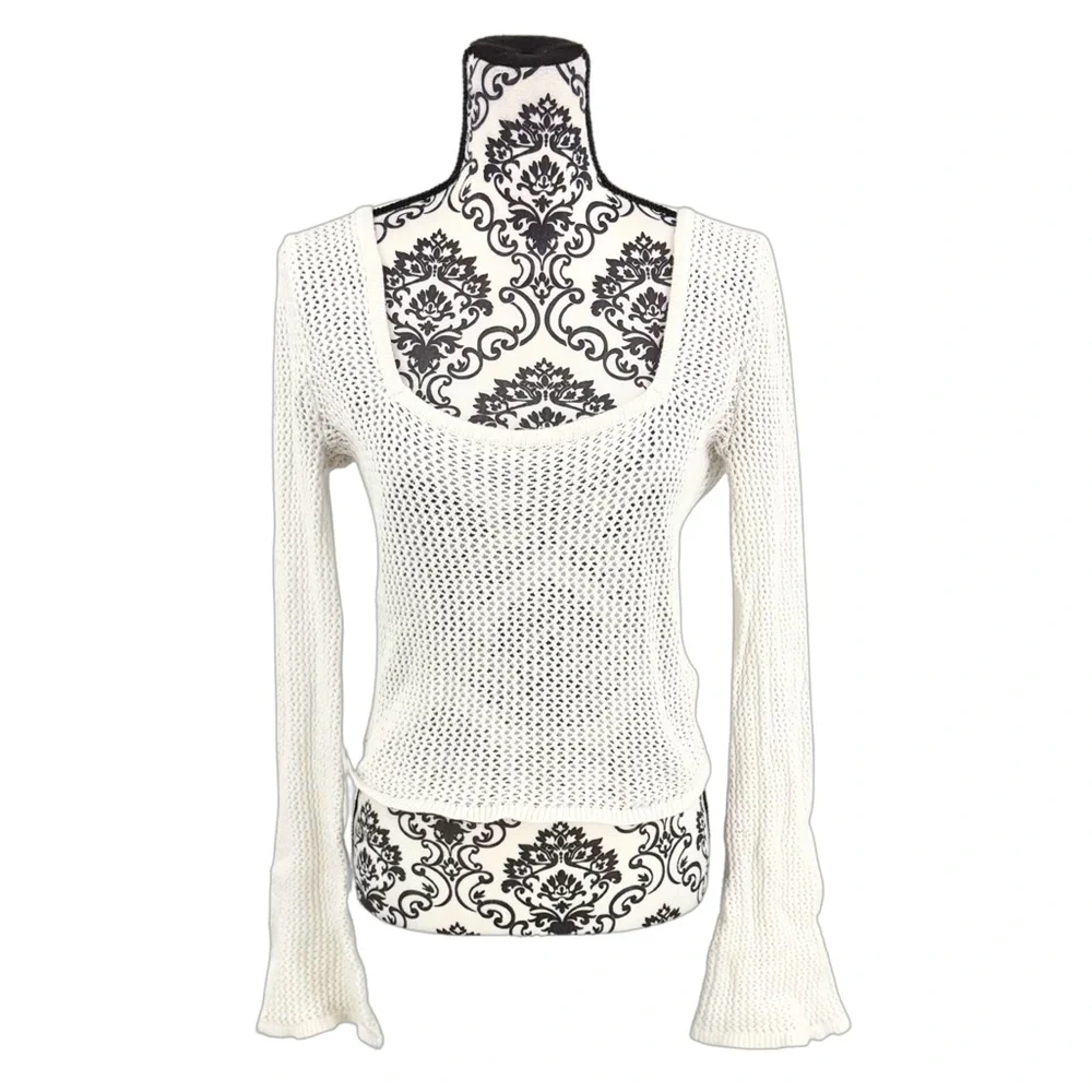 Hollister White Sheer Bell Sleeve Net Open Loose Knit Square Neck Blouse, L